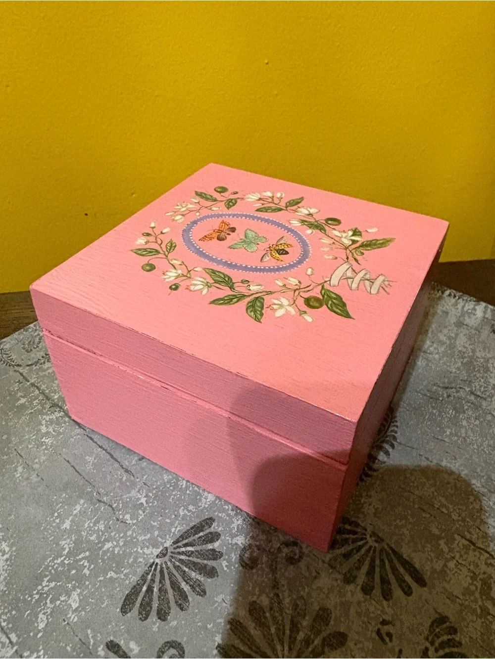 Pink Floral Butterfly Decorative Wooden Box